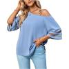 imageLYANER Womens Cold Shoulder Mesh Panel 34 Bell Sleeve Casual Top Blouse ShirtDusty Blue