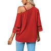 imageLYANER Womens Cold Shoulder Mesh Panel 34 Bell Sleeve Casual Top Blouse ShirtRed