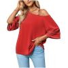 imageLYANER Womens Cold Shoulder Mesh Panel 34 Bell Sleeve Casual Top Blouse ShirtRed