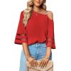 imageLYANER Womens Cold Shoulder Mesh Panel 34 Bell Sleeve Casual Top Blouse ShirtRed