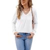 imageLYANER Womens Long Sleeve Top V Neck Pleated 2024 Spring Fashion Blouse T ShirtsWhite
