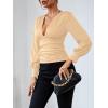 imageLYANER Womens Low Cut Strenchy Elastic Waist Ruched Long Sleeve Blouse Shirt TopBeige
