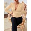 imageLYANER Womens Low Cut Strenchy Elastic Waist Ruched Long Sleeve Blouse Shirt TopBeige
