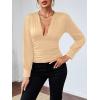 imageLYANER Womens Low Cut Strenchy Elastic Waist Ruched Long Sleeve Blouse Shirt TopBeige