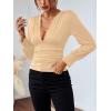 imageLYANER Womens Low Cut Strenchy Elastic Waist Ruched Long Sleeve Blouse Shirt TopBeige
