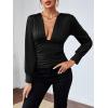 imageLYANER Womens Low Cut Strenchy Elastic Waist Ruched Long Sleeve Blouse Shirt TopBlack