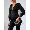 imageLYANER Womens Low Cut Strenchy Elastic Waist Ruched Long Sleeve Blouse Shirt TopBlack