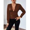 imageLYANER Womens Low Cut Strenchy Elastic Waist Ruched Long Sleeve Blouse Shirt TopBrown