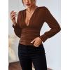 imageLYANER Womens Low Cut Strenchy Elastic Waist Ruched Long Sleeve Blouse Shirt TopBrown