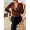 imageLYANER Womens Low Cut Strenchy Elastic Waist Ruched Long Sleeve Blouse Shirt TopBrown