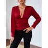 imageLYANER Womens Low Cut Strenchy Elastic Waist Ruched Long Sleeve Blouse Shirt TopBurgundy