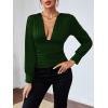 imageLYANER Womens Low Cut Strenchy Elastic Waist Ruched Long Sleeve Blouse Shirt TopDark Green