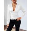 imageLYANER Womens Low Cut Strenchy Elastic Waist Ruched Long Sleeve Blouse Shirt TopWhite