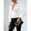 imageLYANER Womens Low Cut Strenchy Elastic Waist Ruched Long Sleeve Blouse Shirt TopWhite