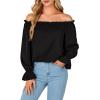 imageLYANER Womens Off Shoulder Ruffle Long Lantern Sleeve Ruched Casual Loose Tops Blouse ShirtBlack