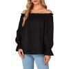 imageLYANER Womens Off Shoulder Ruffle Long Lantern Sleeve Ruched Casual Loose Tops Blouse ShirtBlack