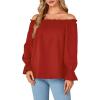 imageLYANER Womens Off Shoulder Ruffle Long Lantern Sleeve Ruched Casual Loose Tops Blouse ShirtRed