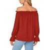 imageLYANER Womens Off Shoulder Ruffle Long Lantern Sleeve Ruched Casual Loose Tops Blouse ShirtRed