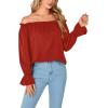 imageLYANER Womens Off Shoulder Ruffle Long Lantern Sleeve Ruched Casual Loose Tops Blouse ShirtRed
