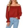 imageLYANER Womens Off Shoulder Ruffle Long Lantern Sleeve Ruched Casual Loose Tops Blouse ShirtRed