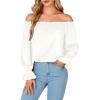 imageLYANER Womens Off Shoulder Ruffle Long Lantern Sleeve Ruched Casual Loose Tops Blouse ShirtWhite