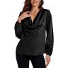 imageLYANER Womens Satin Silky Cowl Neck Drape Ruched Front Long Sleeve Blouse Shirt TopBlack