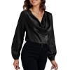 imageLYANER Womens Satin Silky Cowl Neck Drape Ruched Front Long Sleeve Blouse Shirt TopBlack