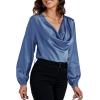 imageLYANER Womens Satin Silky Cowl Neck Drape Ruched Front Long Sleeve Blouse Shirt TopBlue