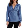 imageLYANER Womens Satin Silky Cowl Neck Drape Ruched Front Long Sleeve Blouse Shirt TopBlue