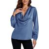 imageLYANER Womens Satin Silky Cowl Neck Drape Ruched Front Long Sleeve Blouse Shirt TopBlue