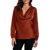 imageLYANER Womens Satin Silky Cowl Neck Drape Ruched Front Long Sleeve Blouse Shirt TopBrown