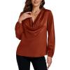 imageLYANER Womens Satin Silky Cowl Neck Drape Ruched Front Long Sleeve Blouse Shirt TopBrown