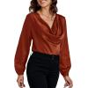 imageLYANER Womens Satin Silky Cowl Neck Drape Ruched Front Long Sleeve Blouse Shirt TopBrown