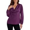 imageLYANER Womens Satin Silky Cowl Neck Drape Ruched Front Long Sleeve Blouse Shirt TopDark Purple