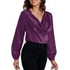 imageLYANER Womens Satin Silky Cowl Neck Drape Ruched Front Long Sleeve Blouse Shirt TopDark Purple