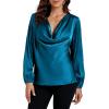 imageLYANER Womens Satin Silky Cowl Neck Drape Ruched Front Long Sleeve Blouse Shirt TopLake Blue