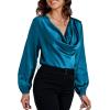imageLYANER Womens Satin Silky Cowl Neck Drape Ruched Front Long Sleeve Blouse Shirt TopLake Blue