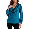 imageLYANER Womens Satin Silky Cowl Neck Drape Ruched Front Long Sleeve Blouse Shirt TopLake Blue