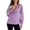 imageLYANER Womens Satin Silky Cowl Neck Drape Ruched Front Long Sleeve Blouse Shirt TopLight Purple