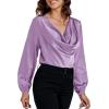 imageLYANER Womens Satin Silky Cowl Neck Drape Ruched Front Long Sleeve Blouse Shirt TopLight Purple