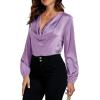 imageLYANER Womens Satin Silky Cowl Neck Drape Ruched Front Long Sleeve Blouse Shirt TopLight Purple
