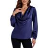 imageLYANER Womens Satin Silky Cowl Neck Drape Ruched Front Long Sleeve Blouse Shirt TopNavy Blue