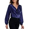 imageLYANER Womens Satin Silky Cowl Neck Drape Ruched Front Long Sleeve Blouse Shirt TopNavy Blue