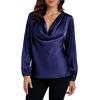 imageLYANER Womens Satin Silky Cowl Neck Drape Ruched Front Long Sleeve Blouse Shirt TopNavy Blue