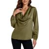 imageLYANER Womens Satin Silky Cowl Neck Drape Ruched Front Long Sleeve Blouse Shirt TopOlive Green