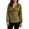 imageLYANER Womens Satin Silky Cowl Neck Drape Ruched Front Long Sleeve Blouse Shirt TopOlive Green