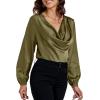 imageLYANER Womens Satin Silky Cowl Neck Drape Ruched Front Long Sleeve Blouse Shirt TopOlive Green