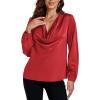 imageLYANER Womens Satin Silky Cowl Neck Drape Ruched Front Long Sleeve Blouse Shirt TopRed