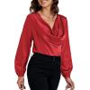 imageLYANER Womens Satin Silky Cowl Neck Drape Ruched Front Long Sleeve Blouse Shirt TopRed
