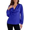 imageLYANER Womens Satin Silky Cowl Neck Drape Ruched Front Long Sleeve Blouse Shirt TopRoyal Blue